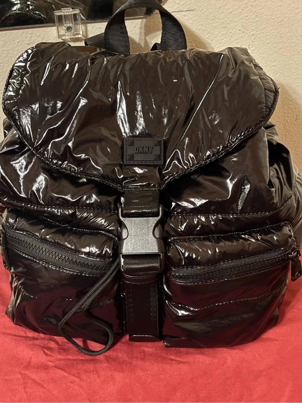 DKNY Shiny Black Quilted Nylon Puffer Backpack